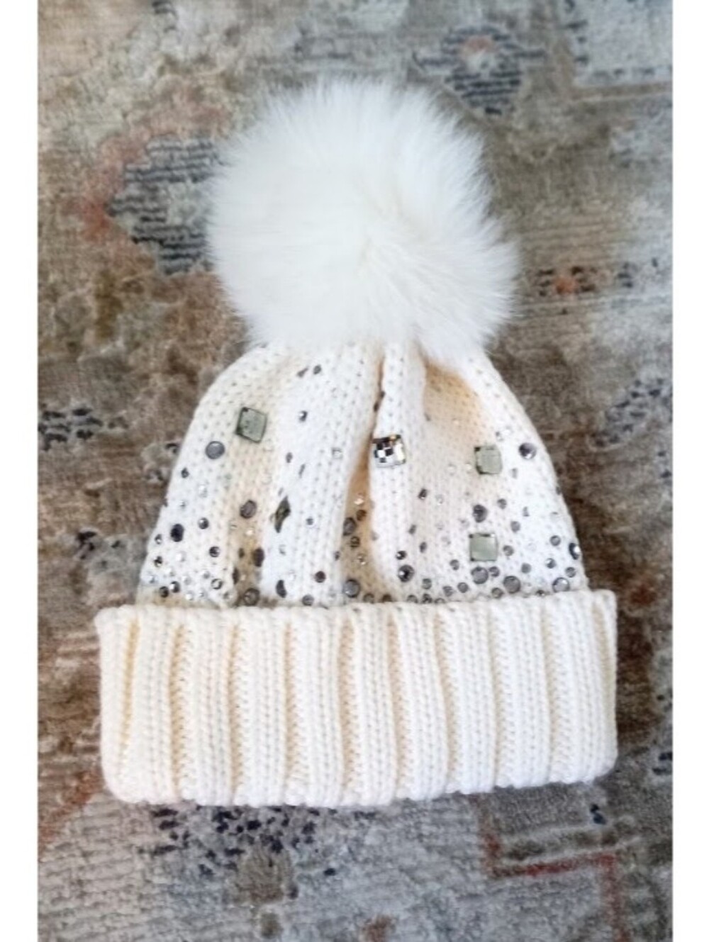 Regina Pour OG Italian cream color knit wool beanie with a real fur pom pom